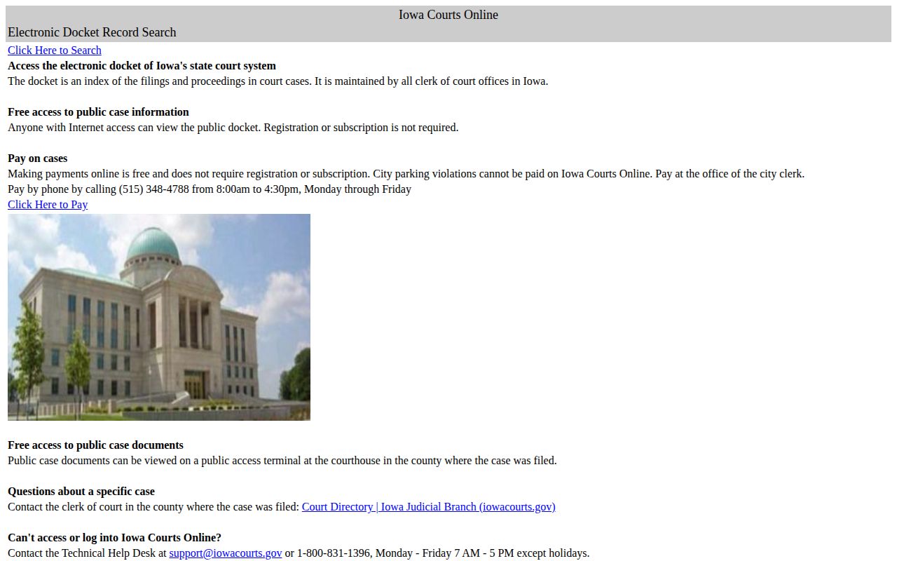 Iowa Courts Online official case search screen for post-arrest disposition checks