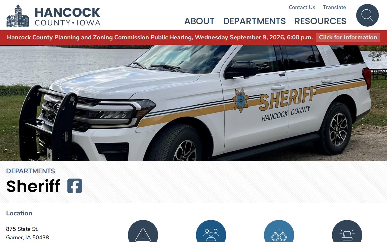 Hancock County Sheriff official contact page used for warrant status routing