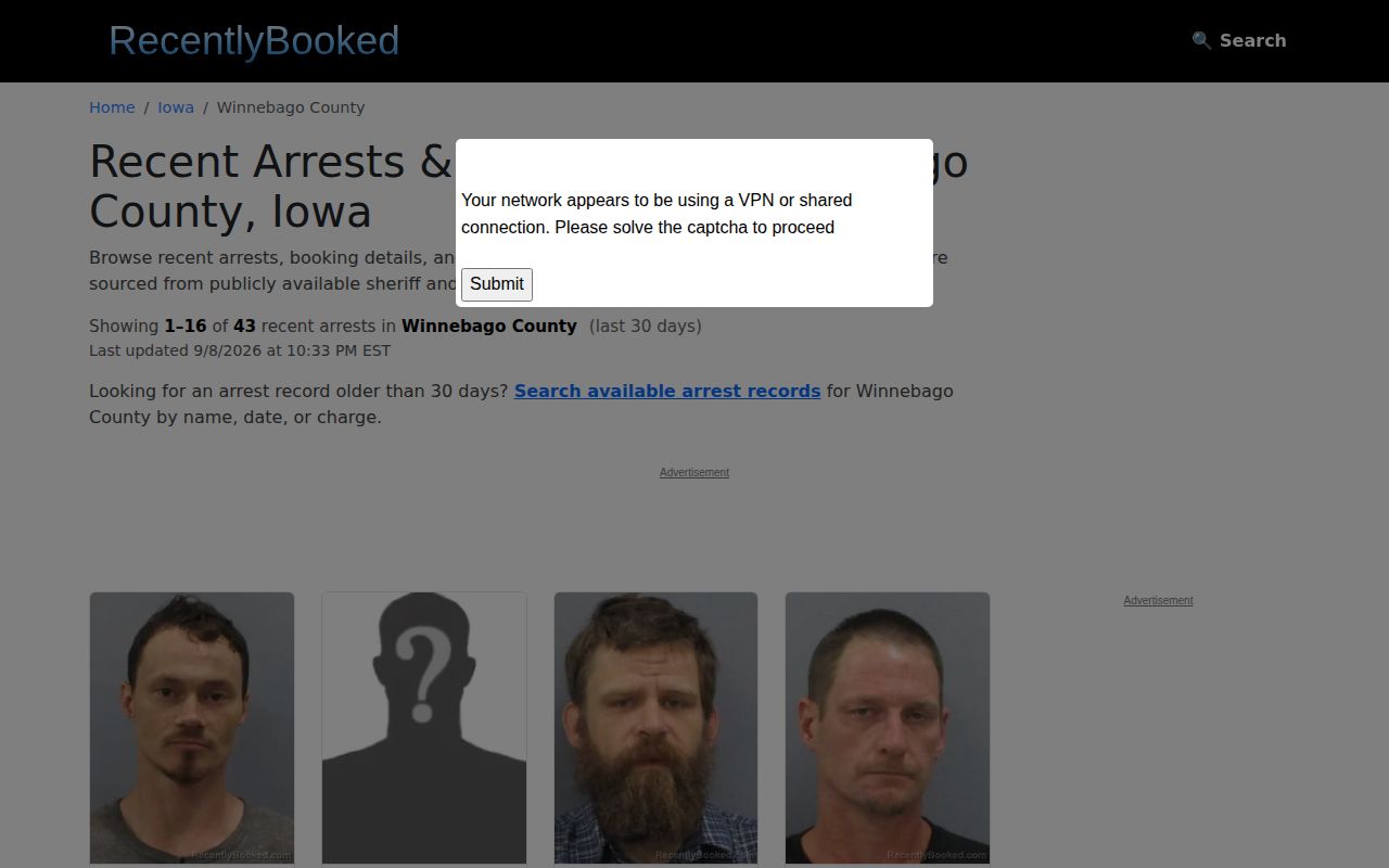 Unofficial Winnebago booking page compared with Hancock County arrest records