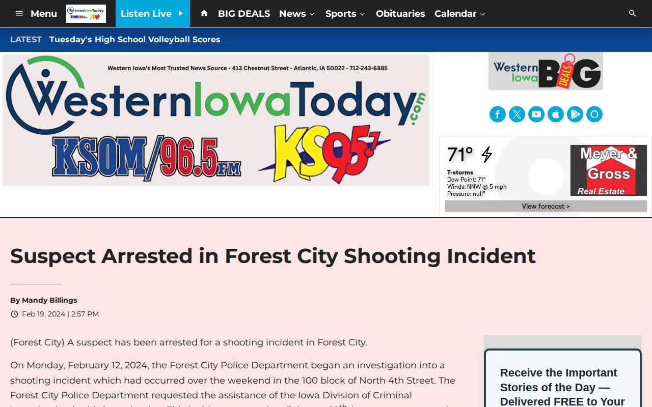 Western Iowa Today report about a Forest City arrest and custody